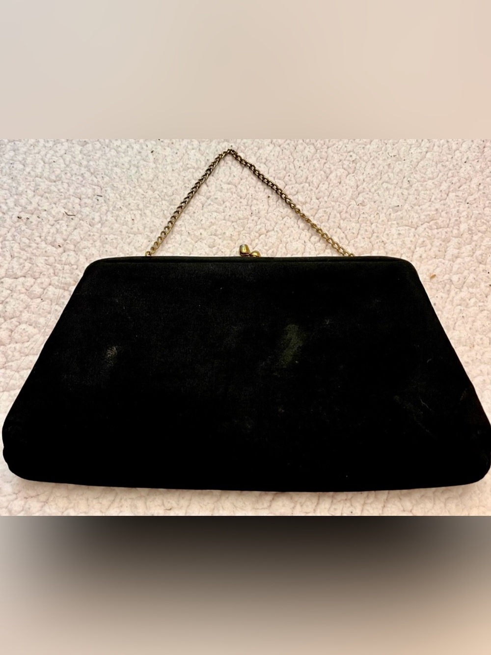 VTG 50s Harry Levine Black Crepe Evening Clutch Bag Gold Kiss Lock Chain HL USA